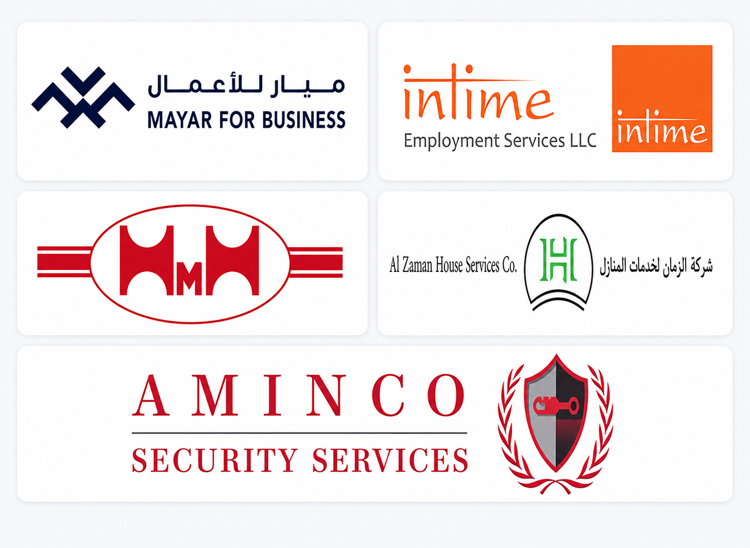 Client logos including Mayar For Business, intime Employment Services LLC, HMH, Al Zaman House Services Co. and AMINCO Security Services.